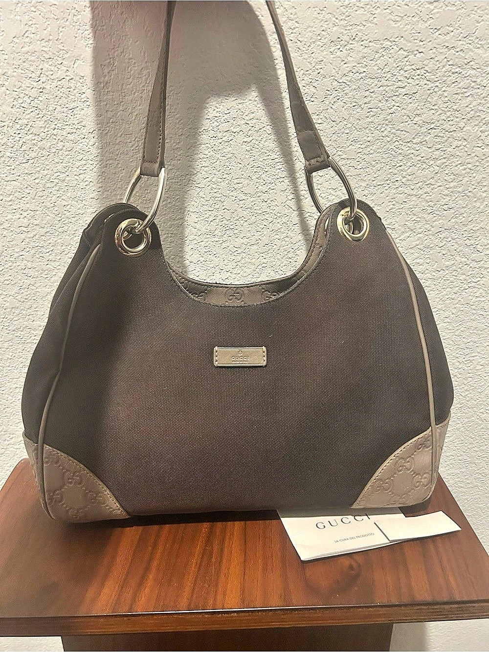 Gucci GG Monogram Canvas Hobo Bag with Leather Trim